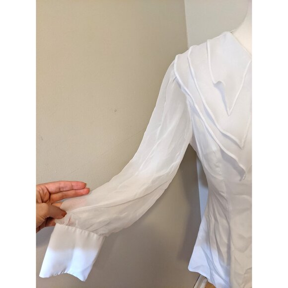 Vintage 80s White Blouse Ruffle Collar Sheer Sleeve Button Up Shoulder Pads Sz L - Picture 4 of 9